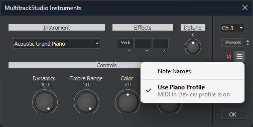 MultitrackStudio Instruments window with Piano Profile