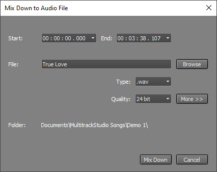 Mix down to audio file window