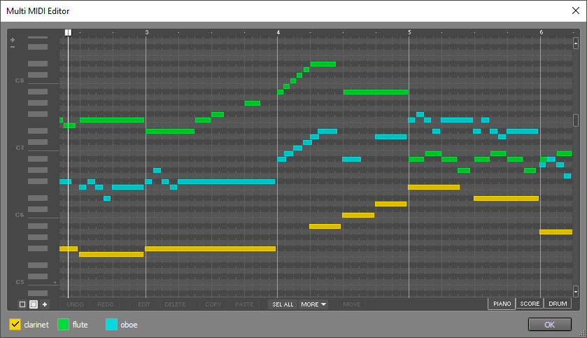 Multi MIDI Editor window, showing 3 tracks in pianoroll view