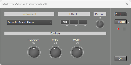 MultitrackStudio Instruments window (Acoustic Grand Piano)