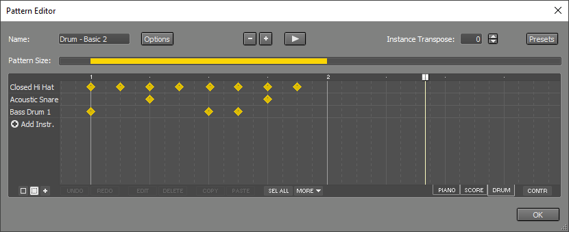 Pattern Editor (showing a one bar drum pattern)