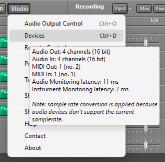 Studio menu Devices item tooltip