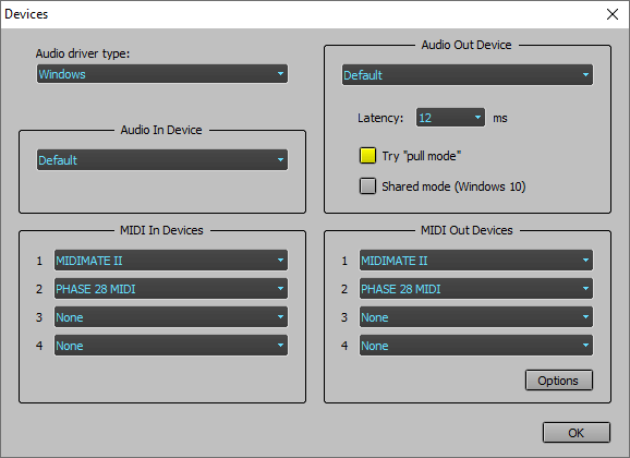 The new devices window, with driver type selector in top-left corner
